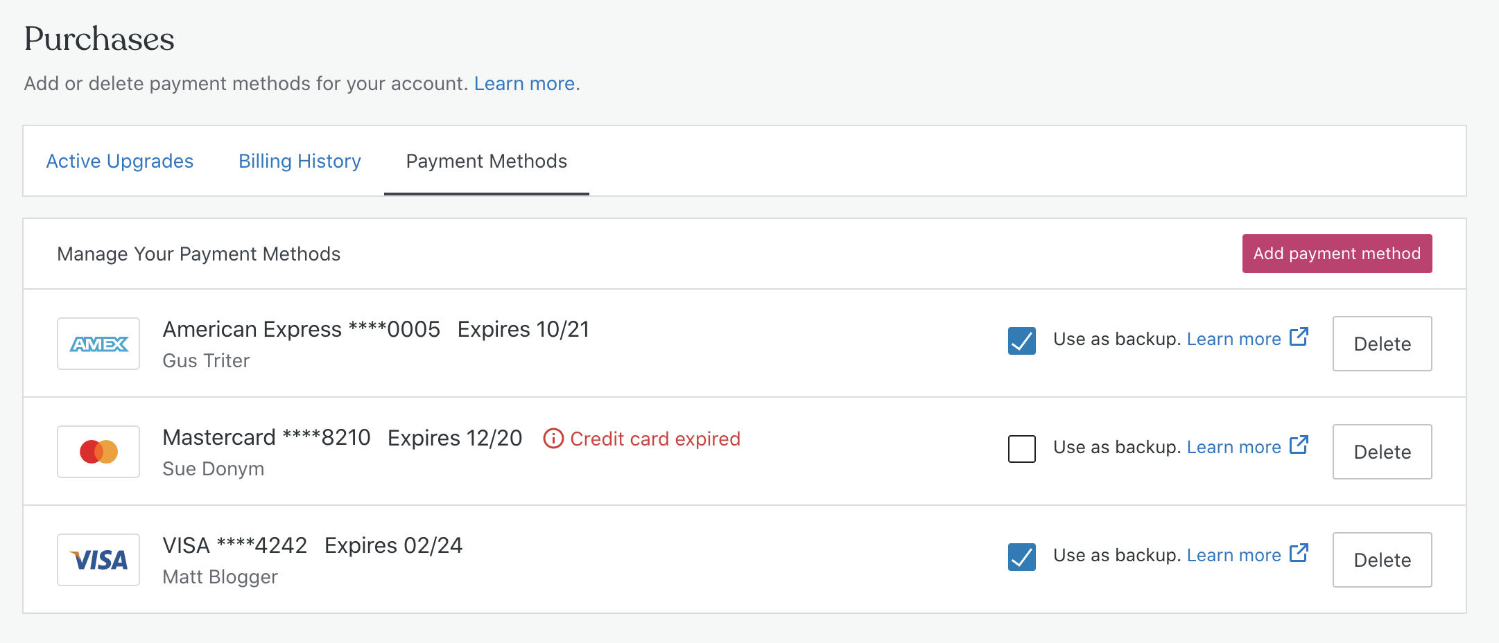 List of payment methods with expiration status, settings, and delete button.