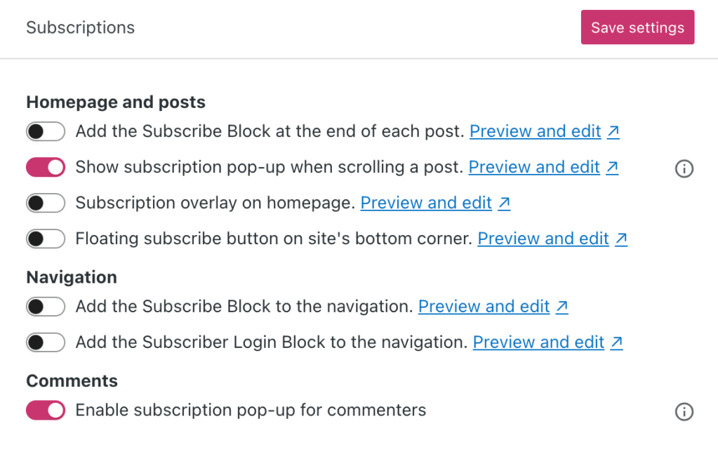 The Subscriptions section of the Newsletters management page, displaying the various locations for where the subscription option should appear.