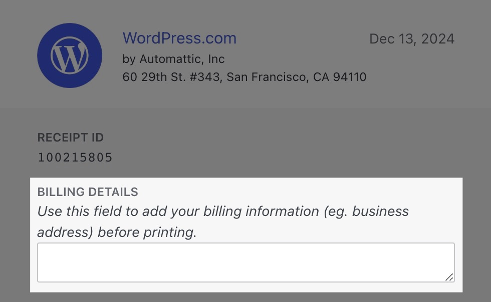 The "Billing Details" section of a WordPress.com receipt highlighted to display a text field for entering information you want to appear on the receipt.