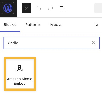Amazon Kindle Embed block highlighted in WordPress block inserter after searching for “kindle.”