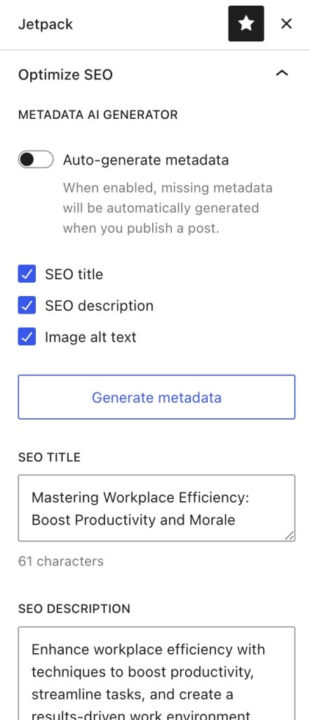The options to auto generate metadata with AI show a title and description written in the boxes.
