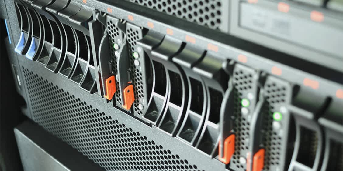 Server rack with active hard drives representing cloud setup and data backup solutions by Express PC Pro