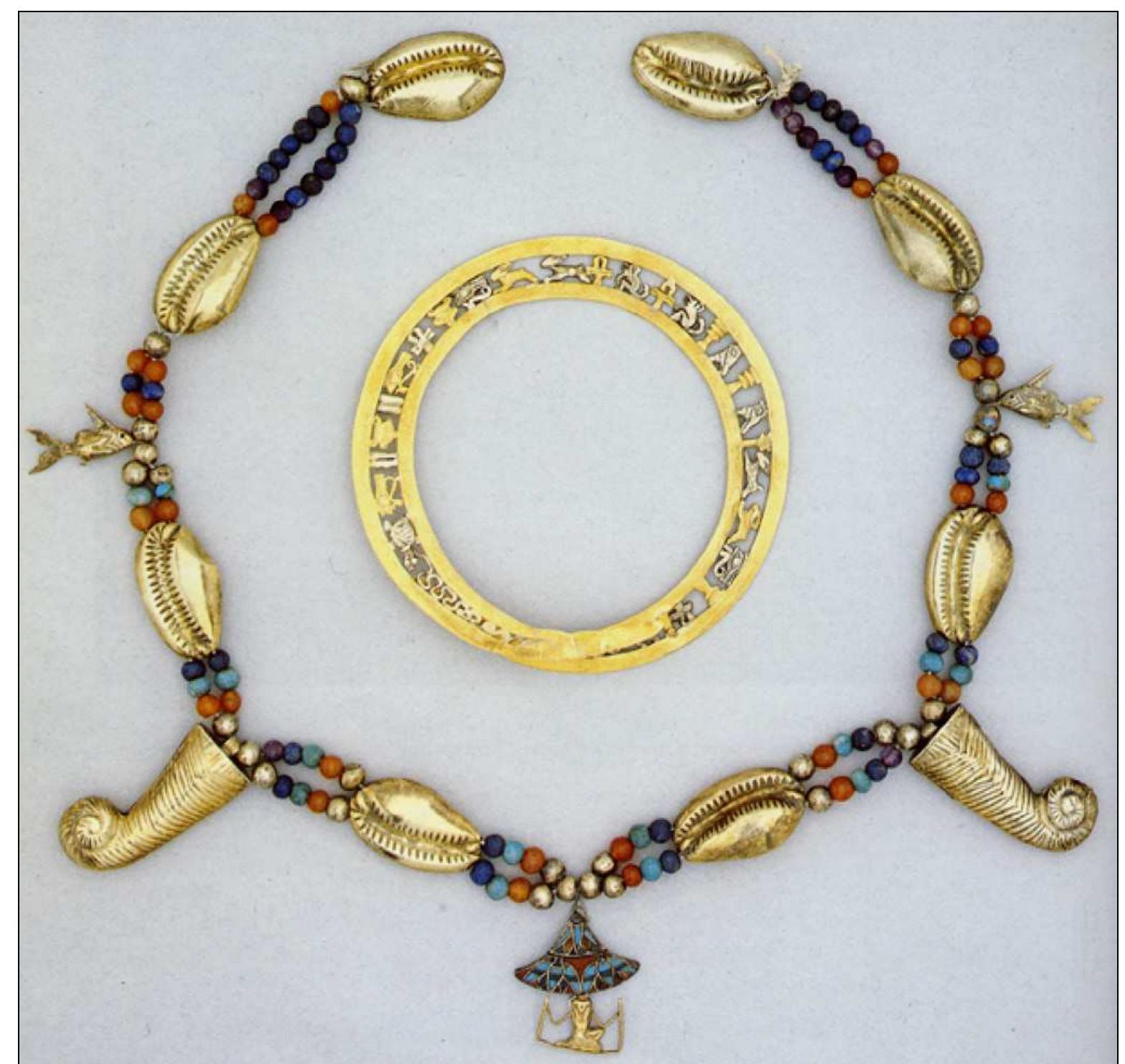 goldsmiths also occasionally put bits of metal into the hollow parts of the cowrie imitation, causing a jingling, rattling sound when the wearer moved. The imitations were generally made of precious stones, artificial materials and metals of far greater value than the shells them- selves. For the Egyptians, gold and silver had added symbolic meaning: gold was linked to the sun and was symbolically 