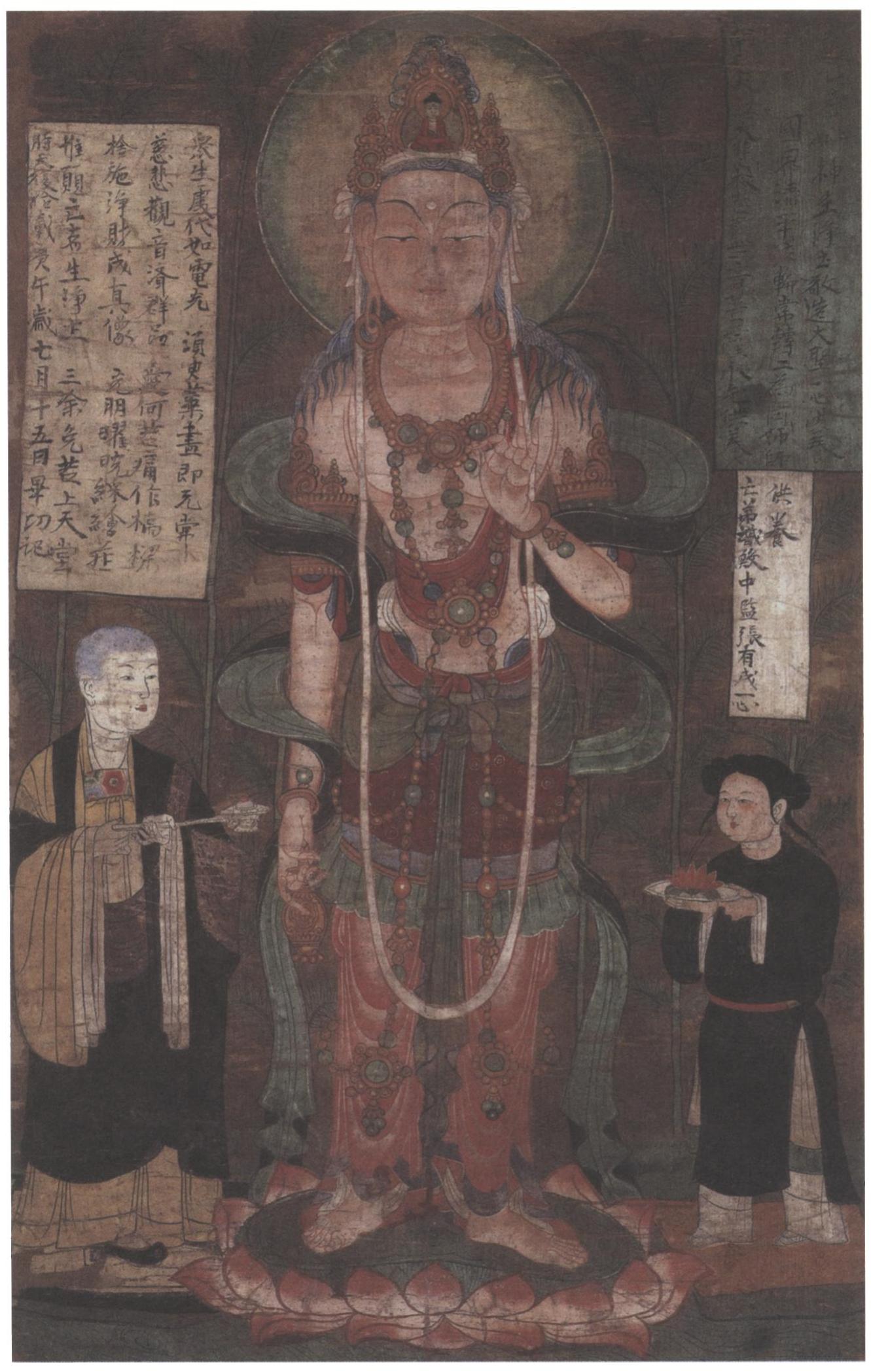 Fig. 9: Painting of Guanyin and devotees. Stein Painting 14 (Ch. Liv.006). Ink and pigments on silk. 77cm x 48.8 cm. Dated 910. After Roderick Whitfield, Art of Central Asia: The Stein Collection of the British Museum, v. 2: figure 7. 