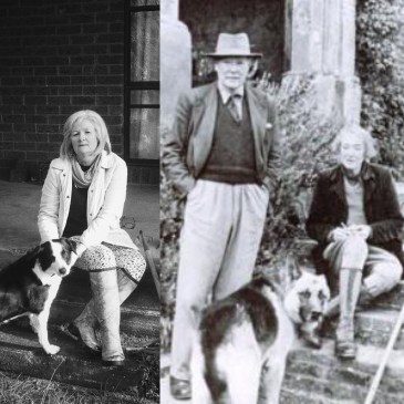 Three people sit on stone steps in their gardens with dogs