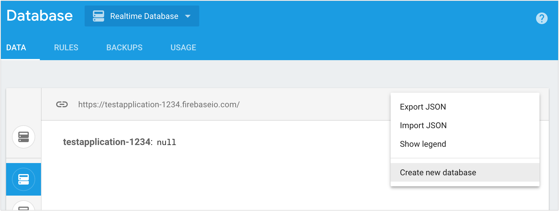 utworzyć bazę danych w konsoli Firebase za pomocą menu kontekstowego w sekcji baz danych,