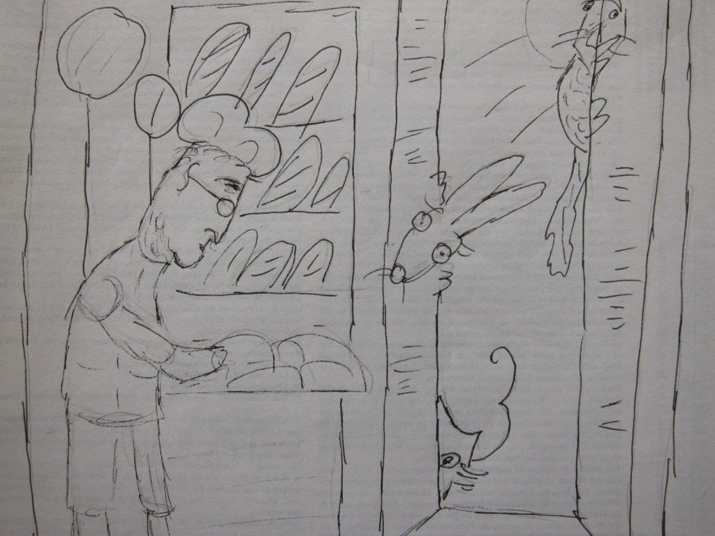 Ein gezeichneter Bäcker steht vor einem Regal mit Brot, während ein Kaninchen und eine Maus neugierig zuschauen. Im Hintergrund sind einige fischähnliche Wesen in der Luft.