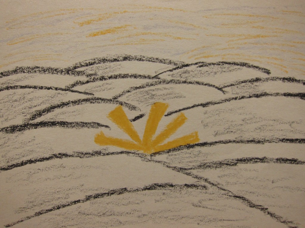 Kunstvolle Zeichnung, die eine gelbe Strahlung darstellt, die aus einer zentralen Form hervorgeht, umgeben von sanften, grauen bis schwarzen Erdtönen, die eine hügelige Landschaft suggerieren.
