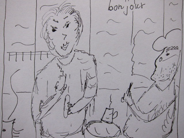 Ein skizzenhaftes Buchillustration mit zwei Figuren in einem Küchenumfeld. Eine Person hält ein Glas und lacht, während die andere mit einem Kochlöffel in einer Tasse rührt. Der Hintergrund zeigt ein Fenster und die Worte 'bonjour'.
