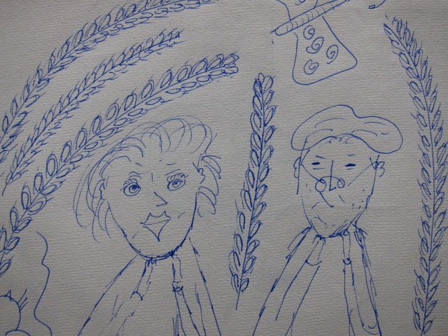 Ein handgezeichnetes Bild von zwei Personen mit fröhlichen Gesichtsausdrücken und unkonventionellen Frisuren, umgeben von stilisierten Pflanzen oder Ähren in blauer Tinte.