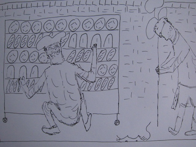 Eine skizzierte Szene in einer Bäckerei, wo ein Mann Kleidung trägt, aber keine Hose, während er mit einem Regal voller Brote interagiert. Im Hintergrund steht eine zweite Person mit einem Gehstock.