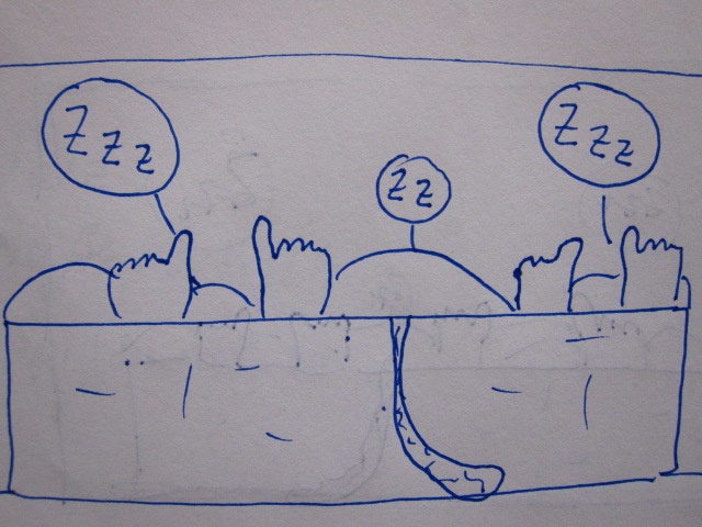 Eine einfache Zeichnung, die mehrere Füße und Hände zeigt, die aus einer Decke hinausragen. Die Figuren scheinen zu schlafen, symbolisiert durch die 'Zzz'-Texte über ihnen.