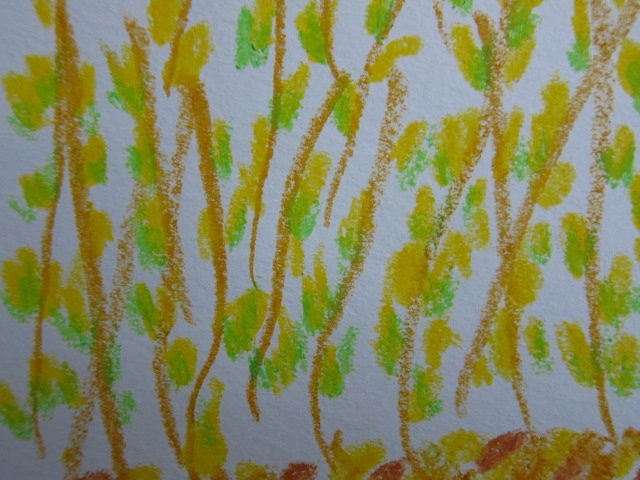 Aquarellzeichnung von gelben und grünen Pflanzenstängeln auf weißem Hintergrund.