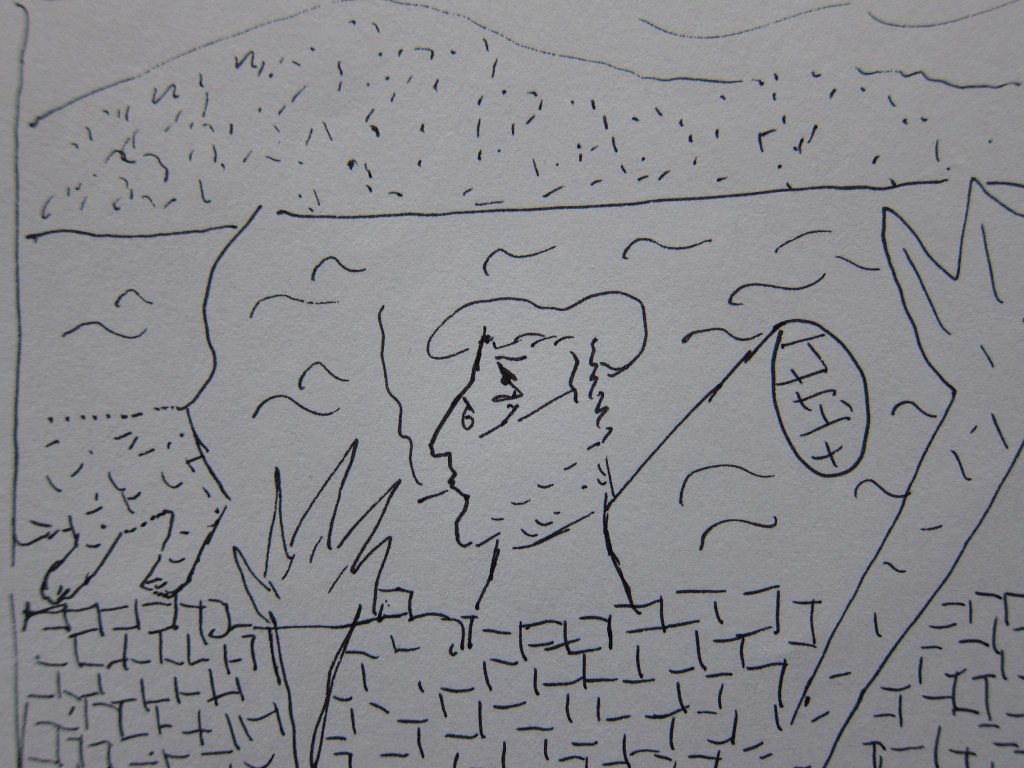 Ein skizzenhaftes Bild einer Landschaft mit einem Menschen und einem Tier, umgeben von Pflanzen und einer Mauer. Der Himmel ist bewölkt und es scheint Wasser im Hintergrund zu geben.