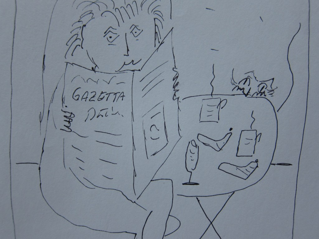 Handgezeichnete Illustration eines Mannes, der eine Zeitung mit dem Titel 'GAZETTA' liest, während er an einem Tisch sitzt. Auf dem Tisch befinden sich verschiedene Getränke und Gegenstände.