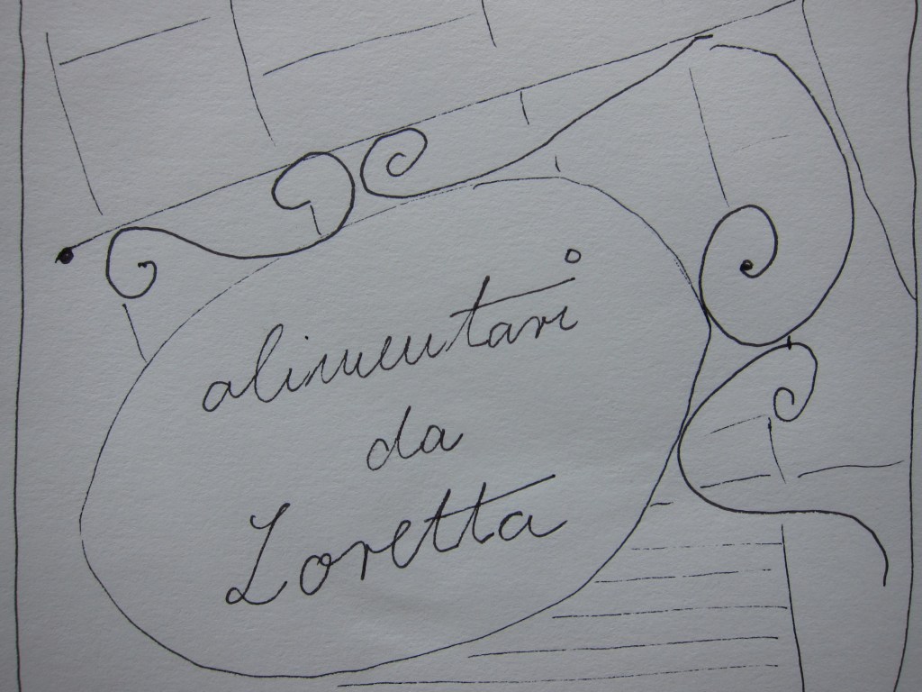 Handgezeichnetes Plakat mit der Aufschrift "alimentiari da Loretta" in eleganter Schrift