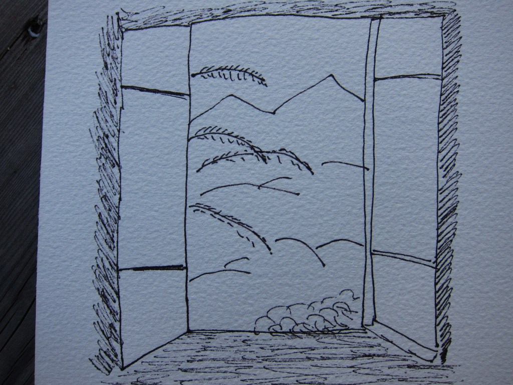 Skizze eines offenen Fensters, durch das man auf eine Berglandschaft mit sanften Hügeln und Wolken sieht.