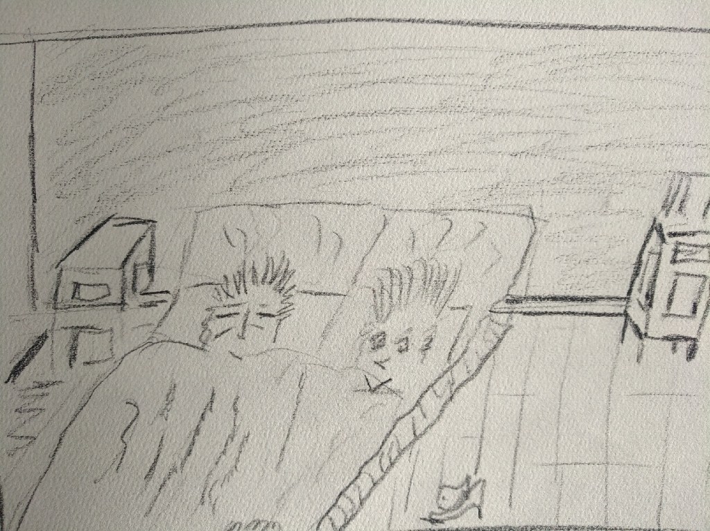 Zeichnung einer schlafenden Person in einem Bett, mit einer weiteren schlafenden Person daneben. Ein Nachttisch und eine Katze sind im Raum sichtbar.