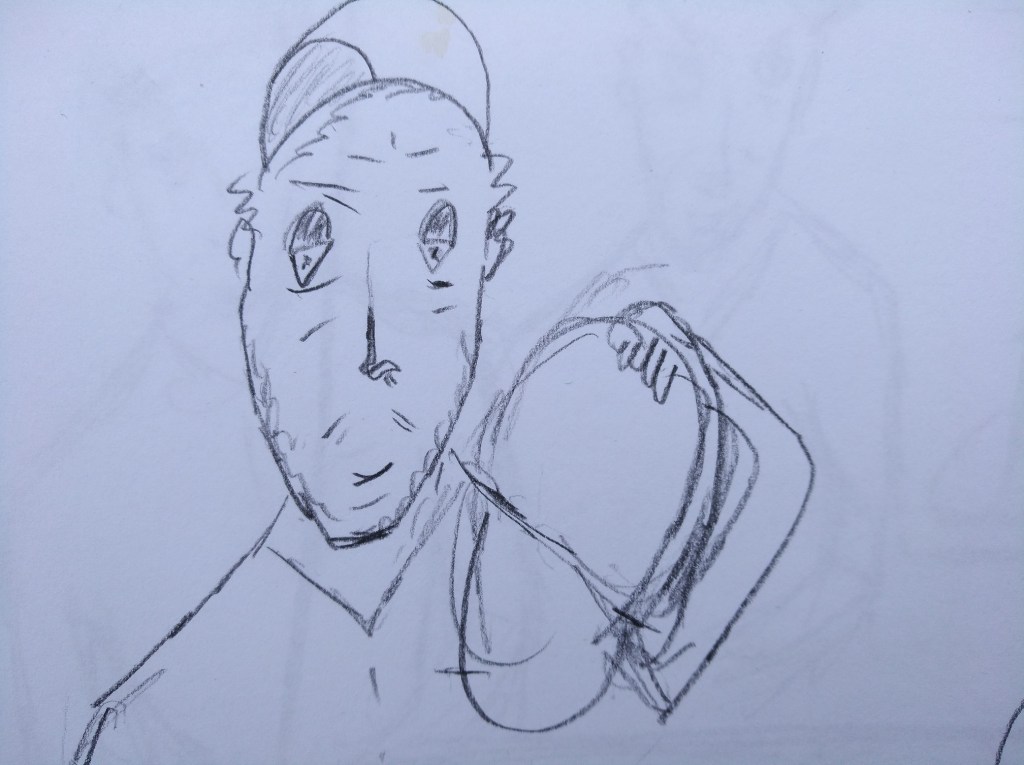 Eine handgezeichnete Figur mit einem ungewöhnlichen Gesichtsausdruck, die einen runden Gegenstand in der Hand hält. Der Hintergrund ist skizzenhaft und unscharf.