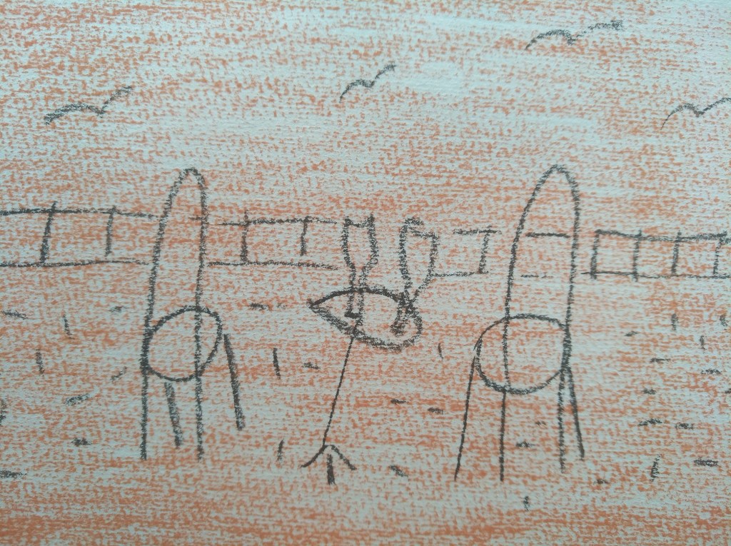 Handgezeichnete Szene mit zwei sich gegenüberstehenden Figuren, umgeben von einer abstrahierten Landschaft mit Linien und Wolken im Hintergrund.