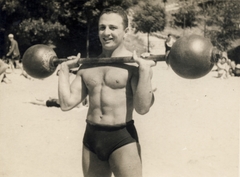 Alfonzó (Markos József)., 1935, Kármentő Éva, súlyemelés, félmeztelen, izmos, Fortepan #131101
