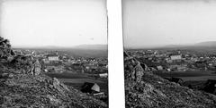 Magyarország, Budaörs, kilátás a Kő-hegyről a Templom téren álló Nepomuki Szent János-templom felé. A felvétel 1900 előtt készült., 1900, SZTFH Földtani Szolgálatának gyűjteménye, Eötvös Loránd, templom, látkép, sztereófotó, Fortepan #303275