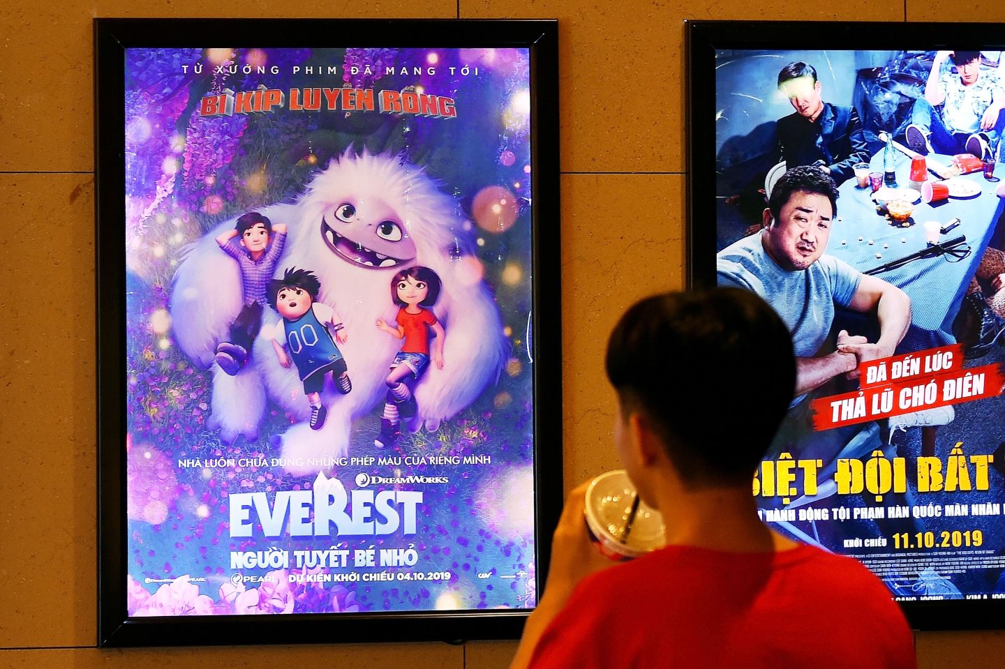 A boy looks at a poster for the animated movie "Everest Nguoi Tuyet Be Nho", also known as "Abominable", at a movie theatre in Hanoi on October 14, 2019. - Vietnam has pulled the animated film "Abominable" from theatres over a scene featuring a map of the South China Sea showing Beijing's claims in the flashpoint waterway, state media reported on October 14. (Photo by Nhac NGUYEN / AFP) (Photo by NHAC NGUYEN/AFP via Getty Images)