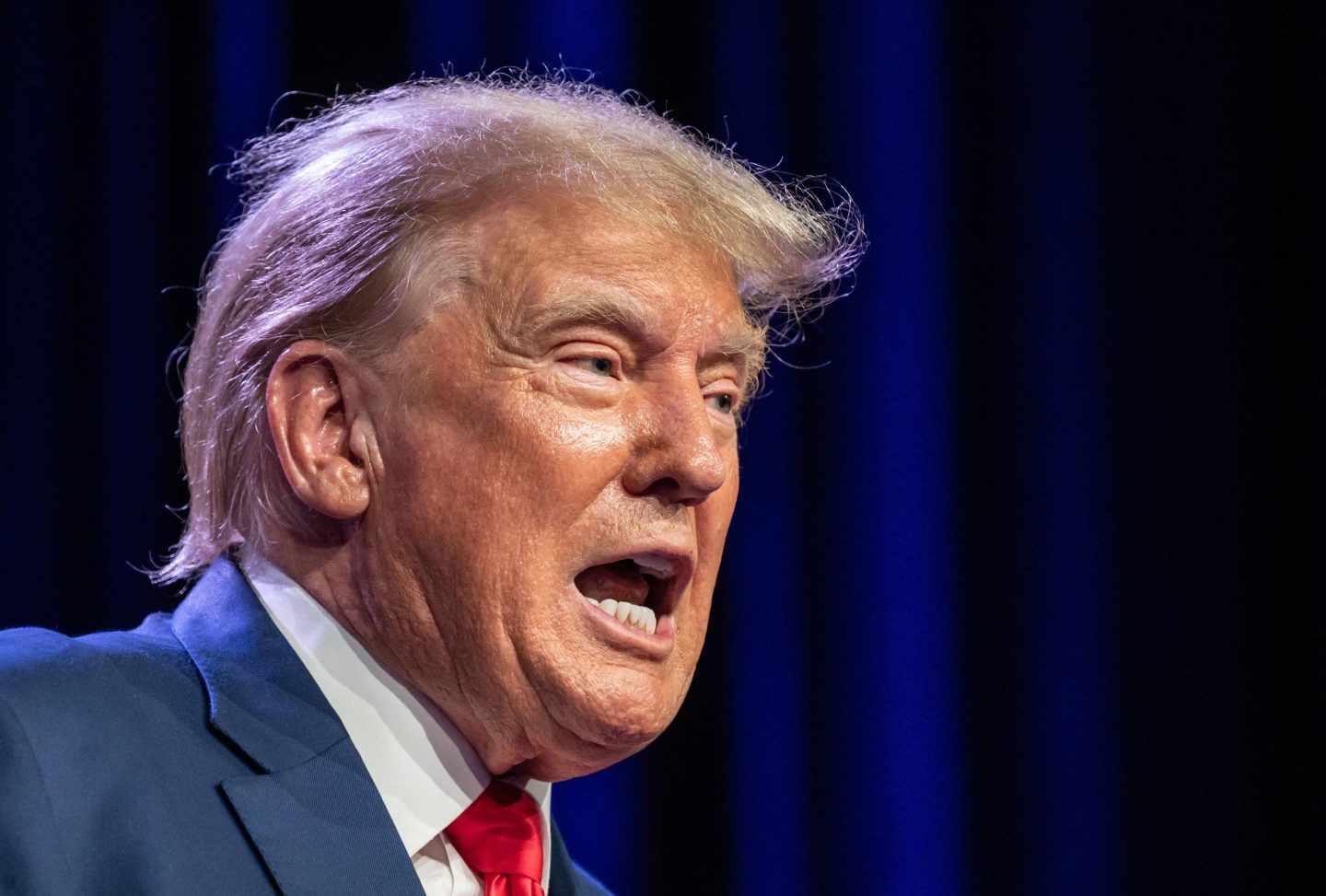 Former US president and 2024 Republican Presidential hopeful Donald Trump speaks at the Republican Party of Iowa&#8217;s 2023 Lincoln Dinner at the Iowa Events Center in Des Moines, Iowa, on July 28, 2023. (Photo by Sergio FLORES / AFP) (Photo by SERGIO FLORES/AFP via Getty Images)