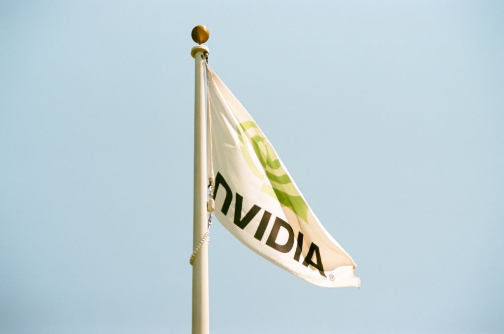 Flag with logo at the Silicon Valley headquarters for computer graphics hardware manufacturer Nvidia, Santa Clara, California, August 17, 2017. (Photo via Smith Collection/Gado/Getty Images)