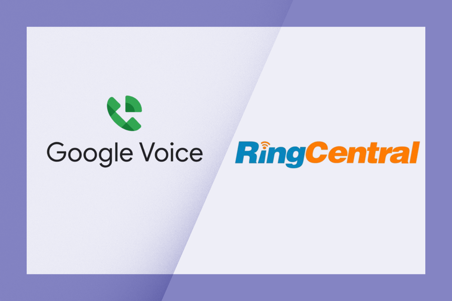 The Google Voice and Ring Central logo on a purple graphic frame.