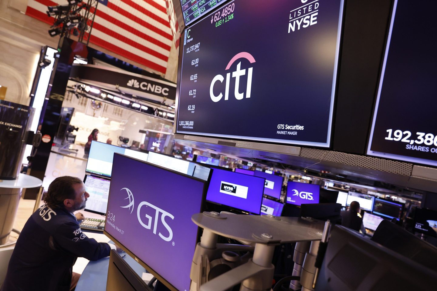 Image of a trader at the New York Stock Exchange (NYSE) working at a desk with multiple computer monitors. The screen above prominently displays the Citi logo along with stock prices, while the American flag hangs in the background.