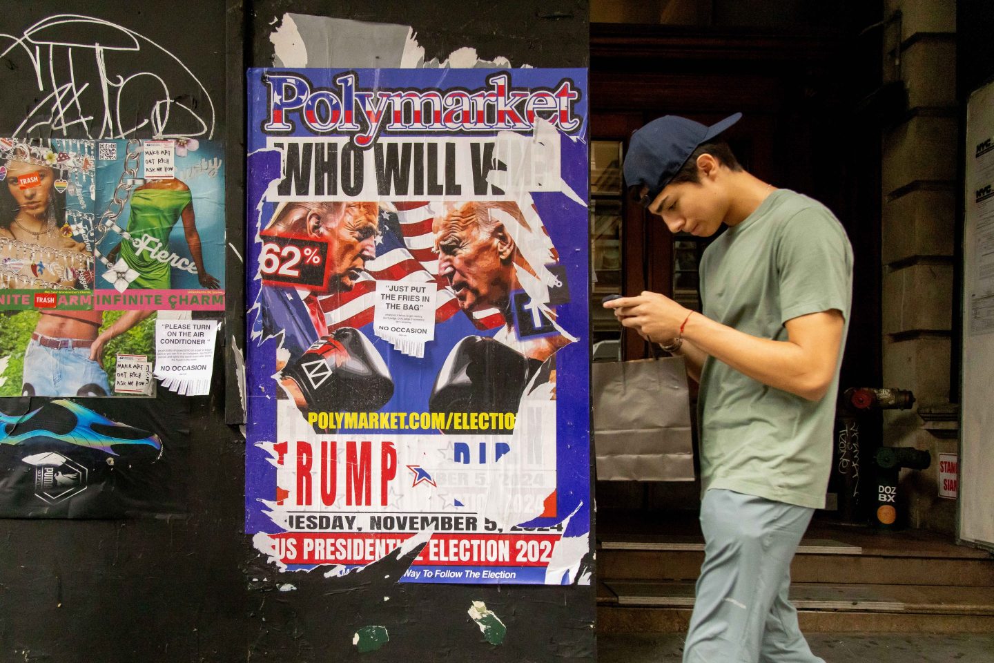 A Polymarket advertisement in the Brooklyn borough of New York, US, on Monday, July 22, 2024. Various US election outcomes have propelled open wagers close to $1 billion on Polymarket, a 500% jump over the past few months, even though Polymarket says it has excluded US users since 2022 as part of a settlement with federal regulators. Photographer: Michael Nagle/Bloomberg via Getty Images