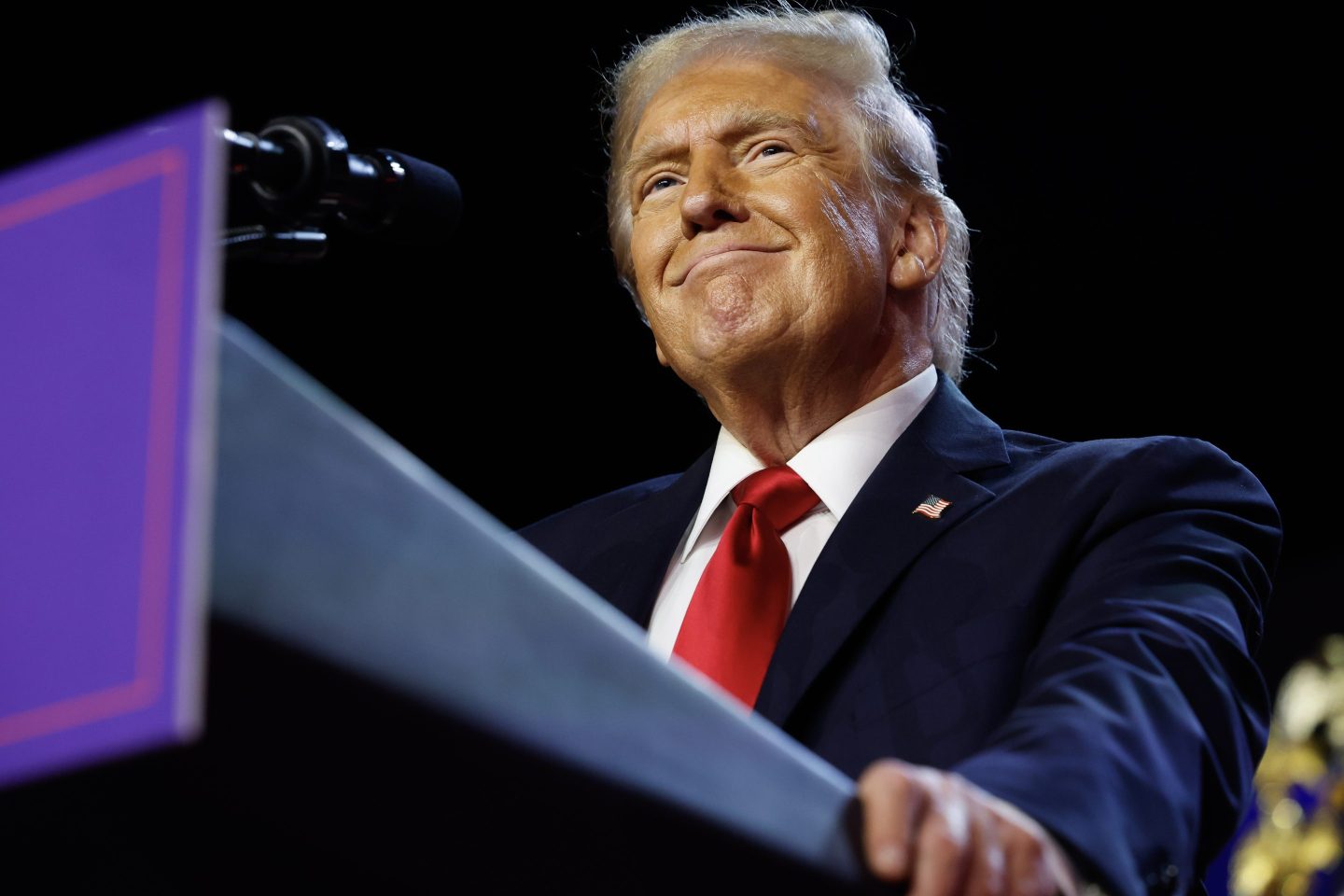 Former U.S. President Donald Trump arrives to speak during an election night event at the Palm Beach Convention Center on November 06, 2024 in West Palm Beach, Florida.