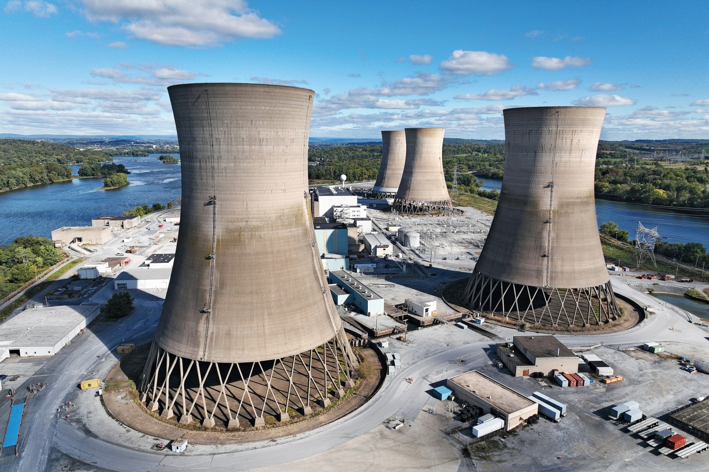 Aerial view of the shuttered Three Mile Island nuclear power plant stands in the middle of the Susquehanna River.