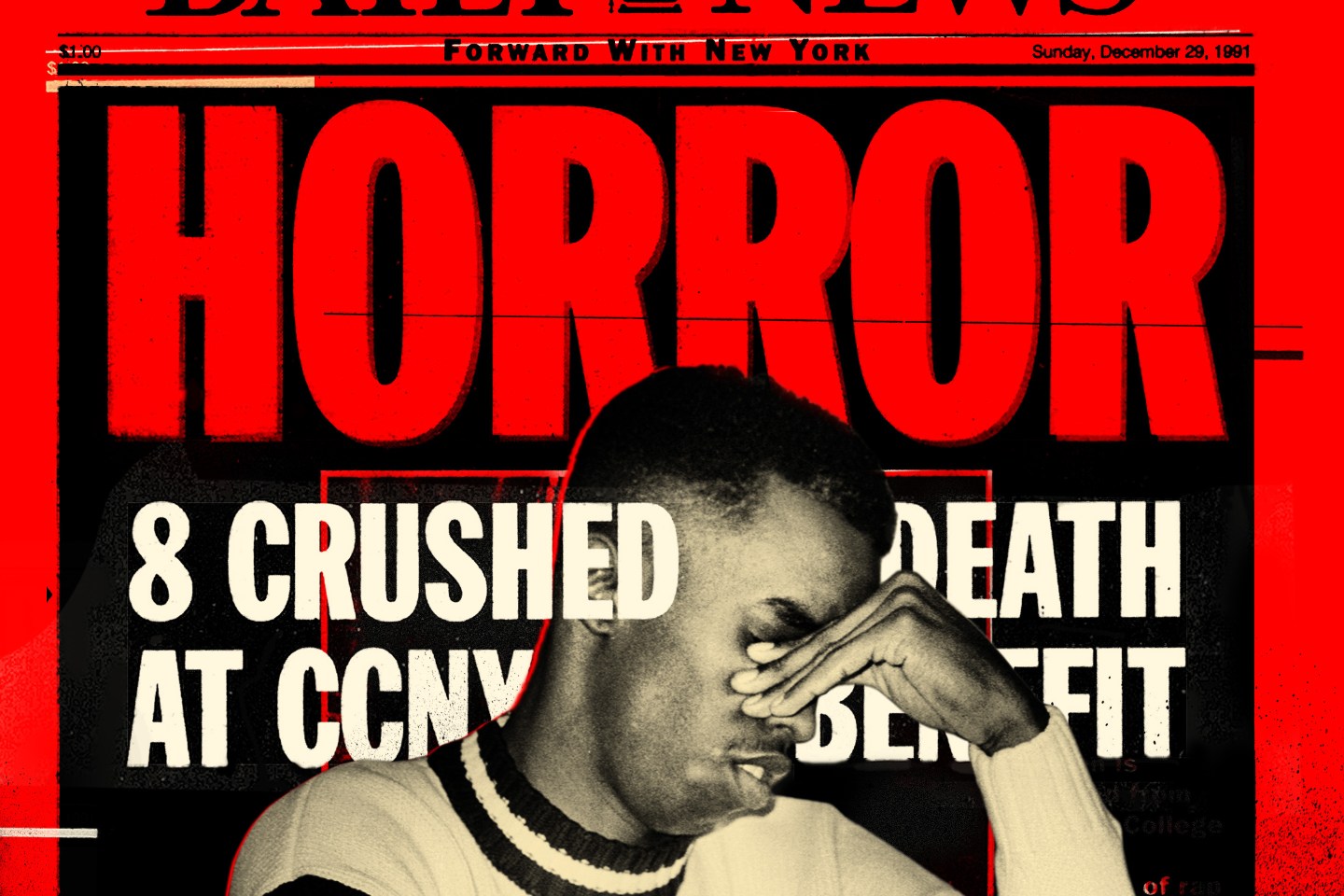 In a photoillustration, Sean Combs holds his head in his hand. Surrounding him is text that says &quot;Horror: 8 crushed to death at CCNY benefit.&quot;