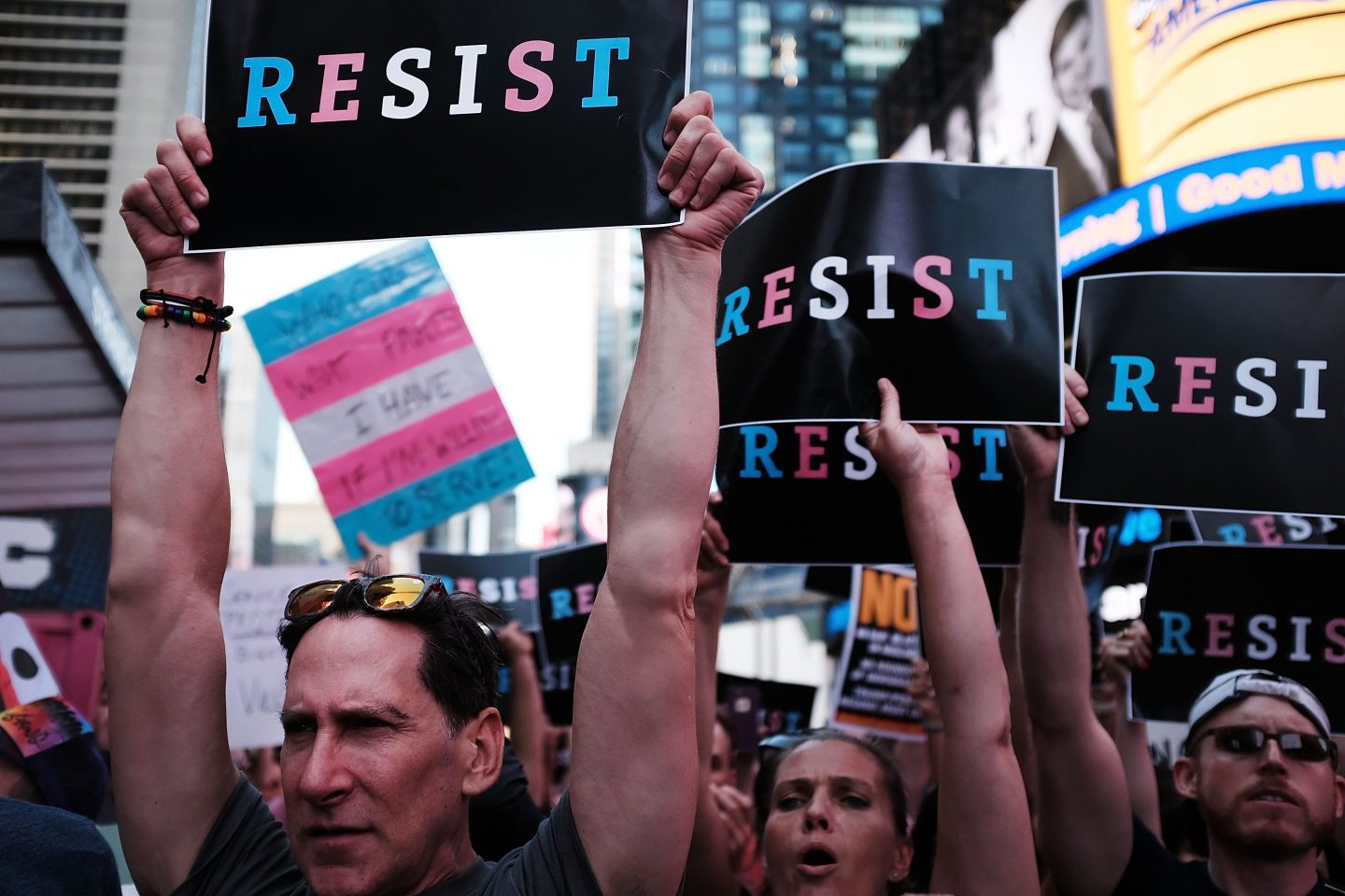 People protesting Trump's anti-trans policy in Times Square