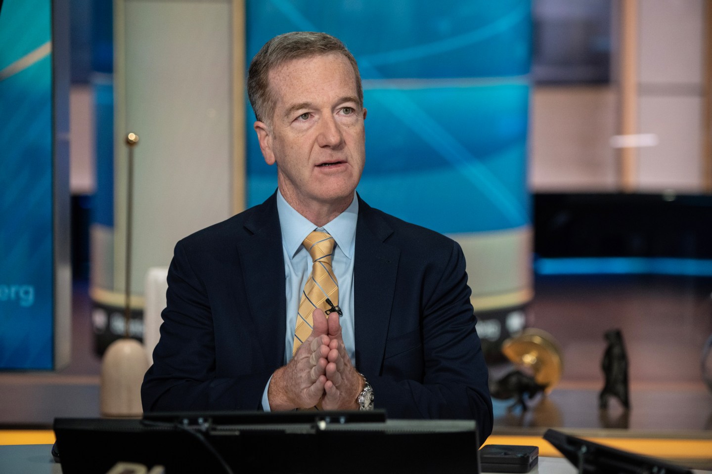 Mike Wilson, chief US equity strategist and chief investment officer of Morgan Stanley &amp; Co. LLC, during a Bloomberg Television interview in New York, US, on Thursday, Oct. 10, 2024. Investors should lock in gains on US defensive stocks as their recent outperformance has left valuations looking pricey, according to Morgan Stanley strategists led by Wilson. Photographer: Victor J. Blue/Bloomberg via Getty Images