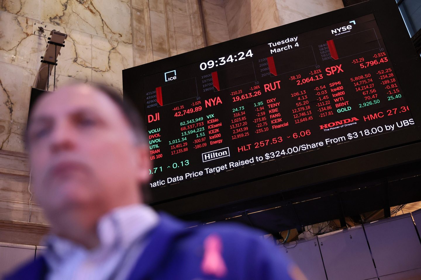 A man who is blurry in the picture walks past an electronic board showing stocks in the red.