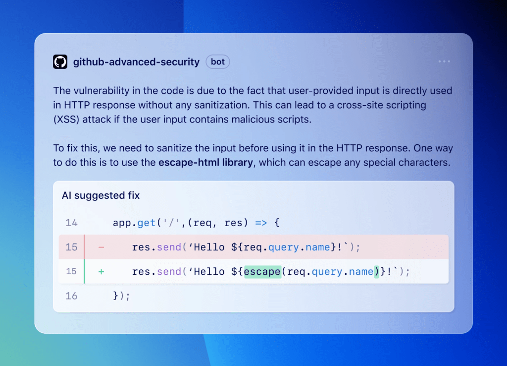 Code scanning autofix provides an explanation and code suggestion to remediate a vulnerability.