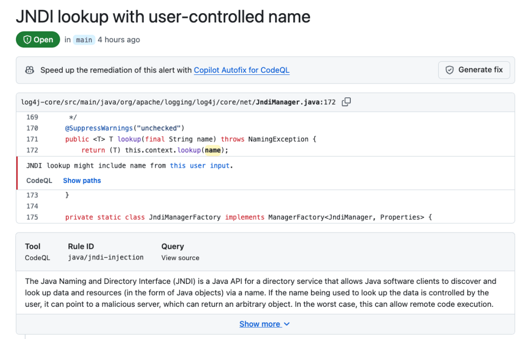 Screenshot of an open issue titled 'JNDI-lookup with user-controlled name.' Beneath the title, there is a banner reading 'Speed up the remediation of this alert with Copilot Autofix for CodeQL.'