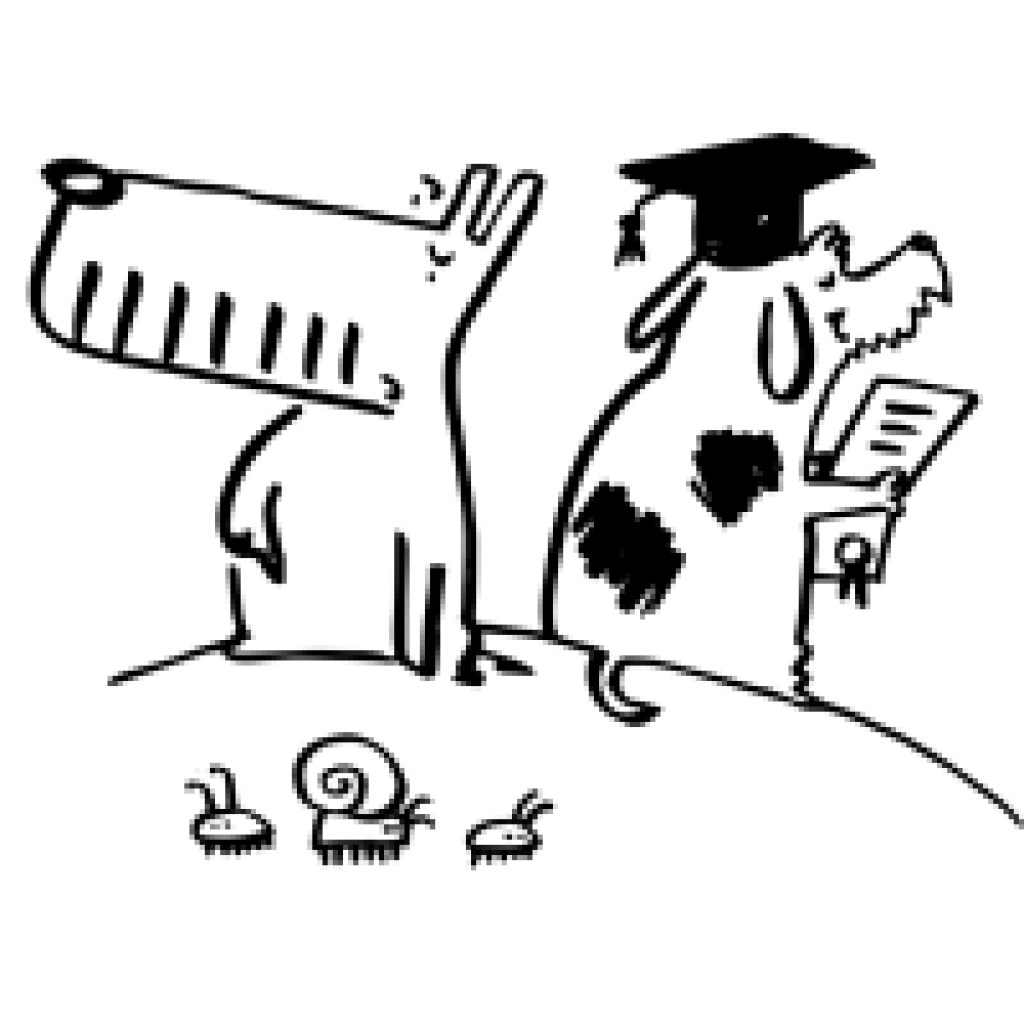 A cartoon of two different-looking dogs with their backs to each other. One is a barcode-nosed dog facing forward, while the other wears a graduation cap and holds a certificate, with small bugs in front of them.