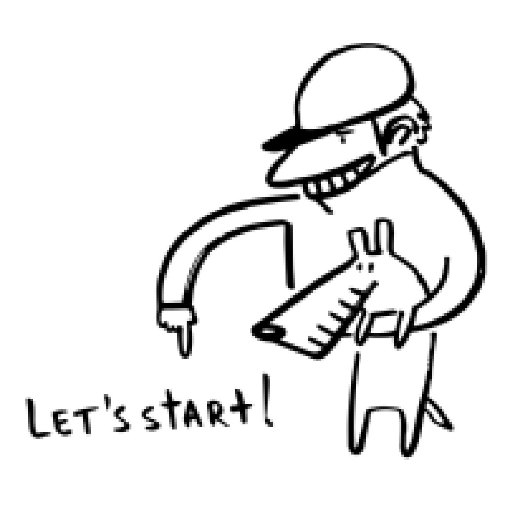 A cartoon figure pointing downward while holding a barcode-nosed dog, accompanied by the text "Let's Start!"