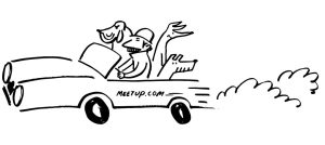 A cartoon of a person driving a car labeled "MEETUP.COM," accompanied by a happy dog and a barcode-nosed dog, with motion lines indicating speed.