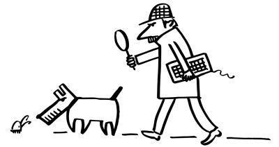 A cartoon detective with a magnifying glass and keyboard, followed by a barcode-nosed dog sniffing the ground. The style is whimsical and cartoonish, symbolizing investigation.