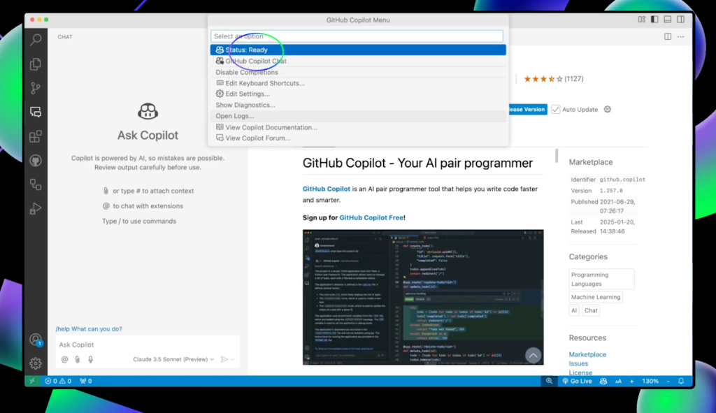 This image shows a screenshot of the GitHub Copilot interface within VS Code. The main window displays the 'GitHub Copilot Menu' with the option 'Status: Ready' highlighted in blue. On the left sidebar, there are icons for various functionalities like chat, files, and settings.