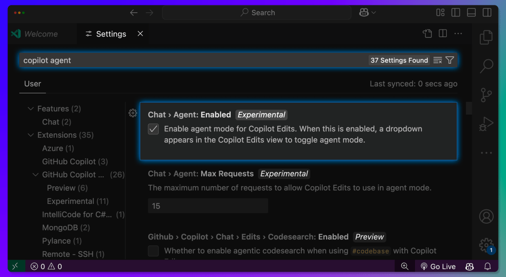 Settings screen for Visual Studio Code showing the words 'Copilot Agent' in the settings search box, and the option for Chat Agent: Enabled activated