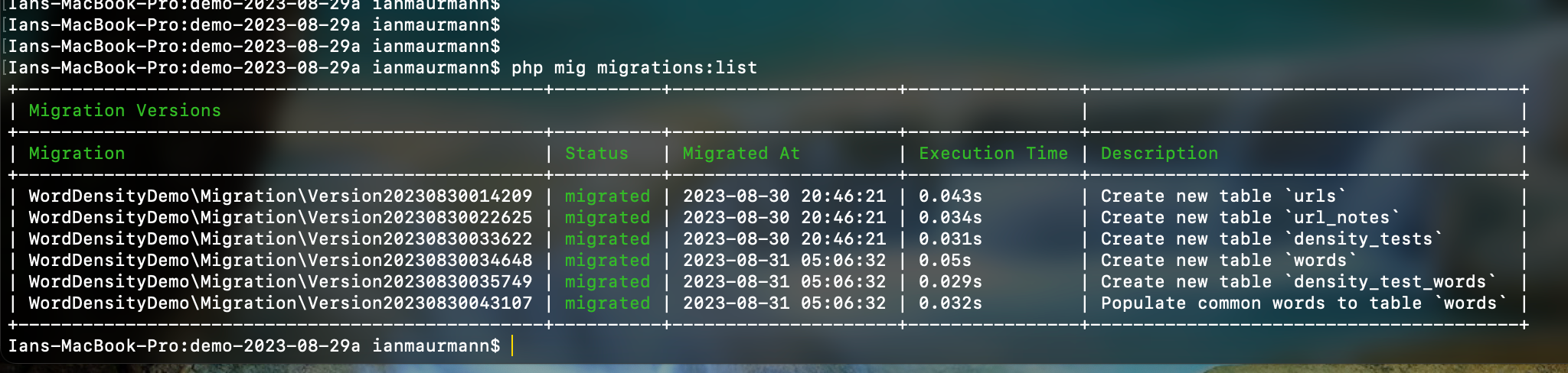 mig migrations:list