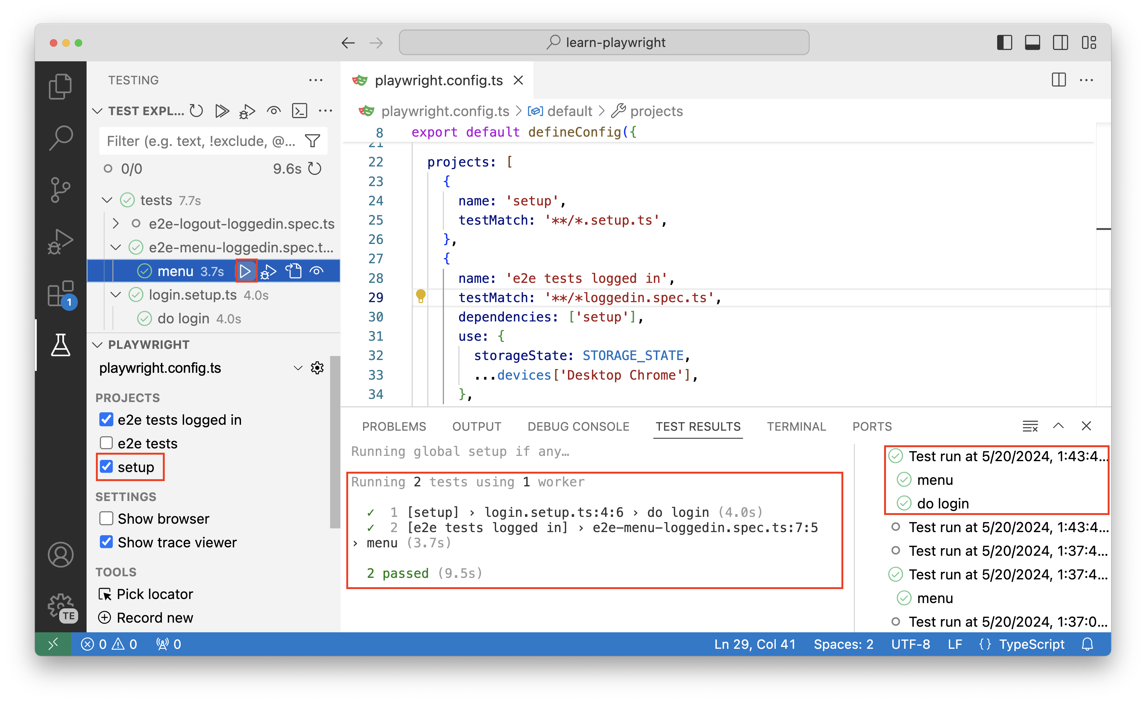 running setup tests in vscode