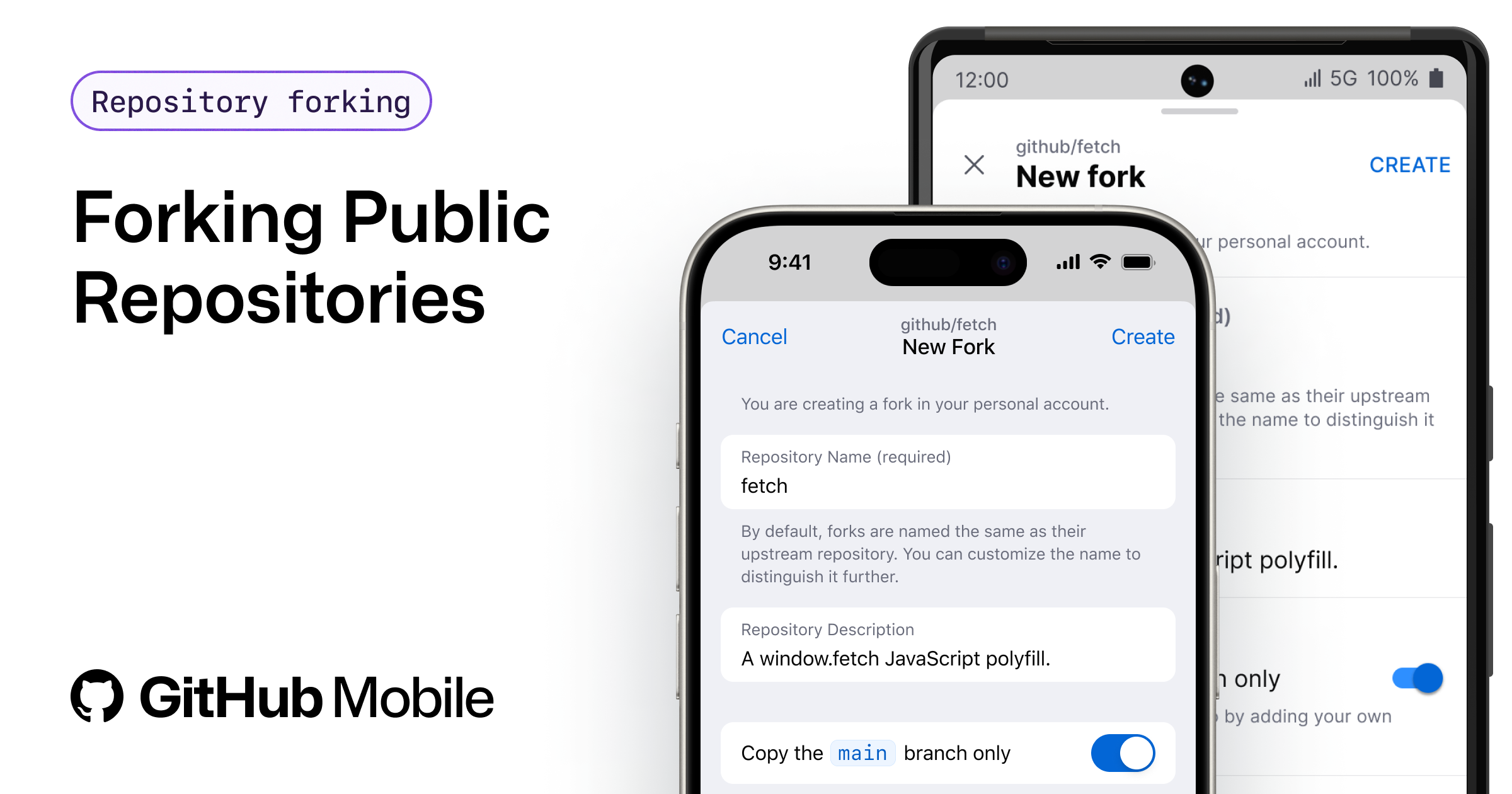 Hero image showcasing the repository forking feature in GitHub Mobile