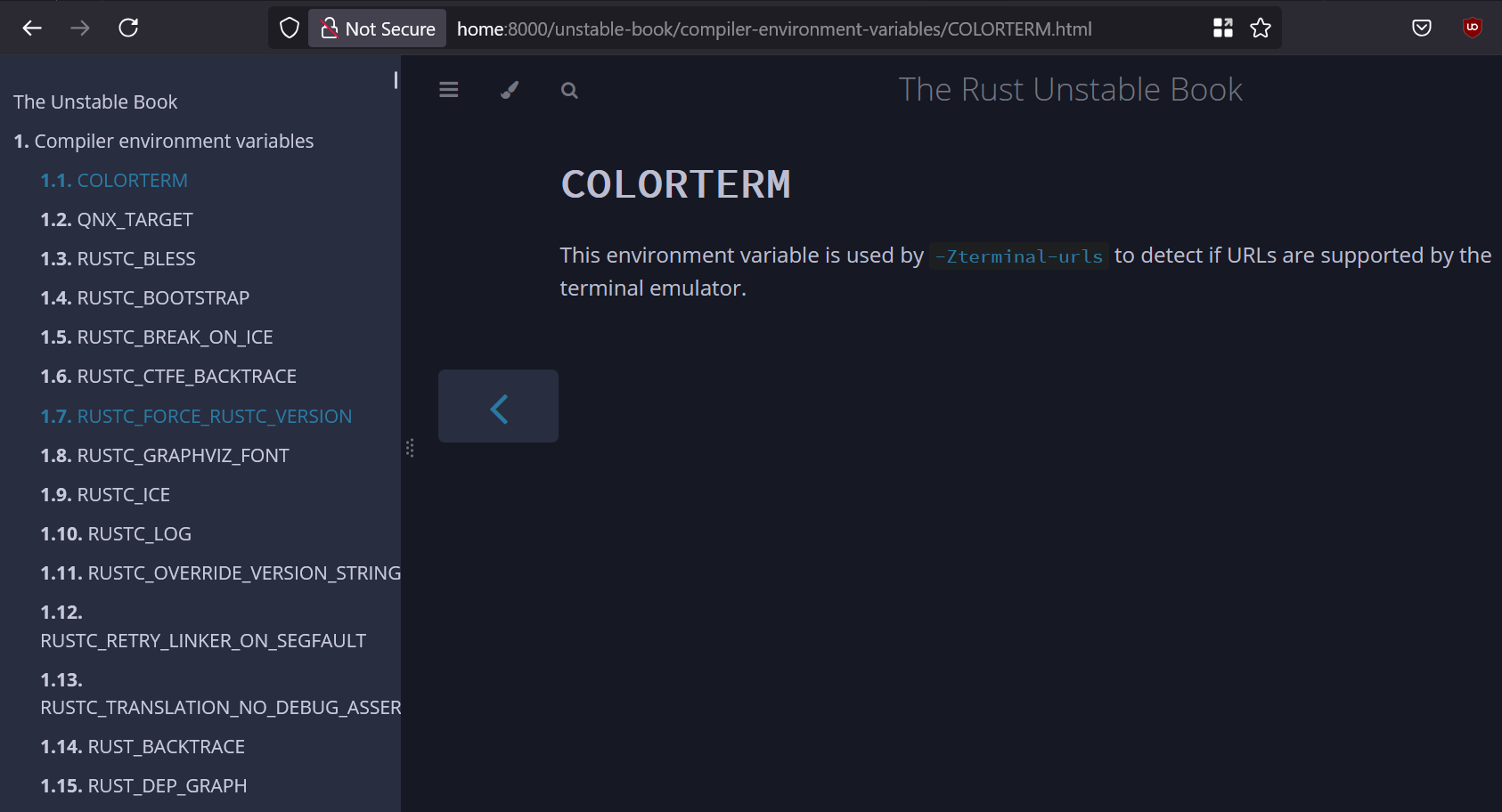 screenshot of unstable-book running locally, with 14 environment variables shown in the sidebar